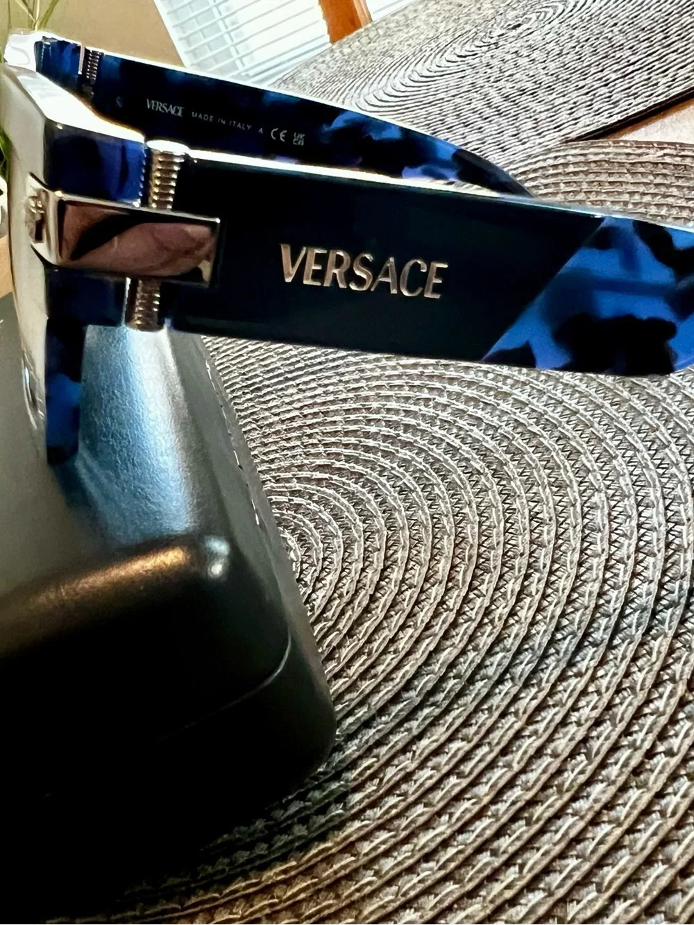 Versace Men’s Blue and Black Rectangular Sunglasses